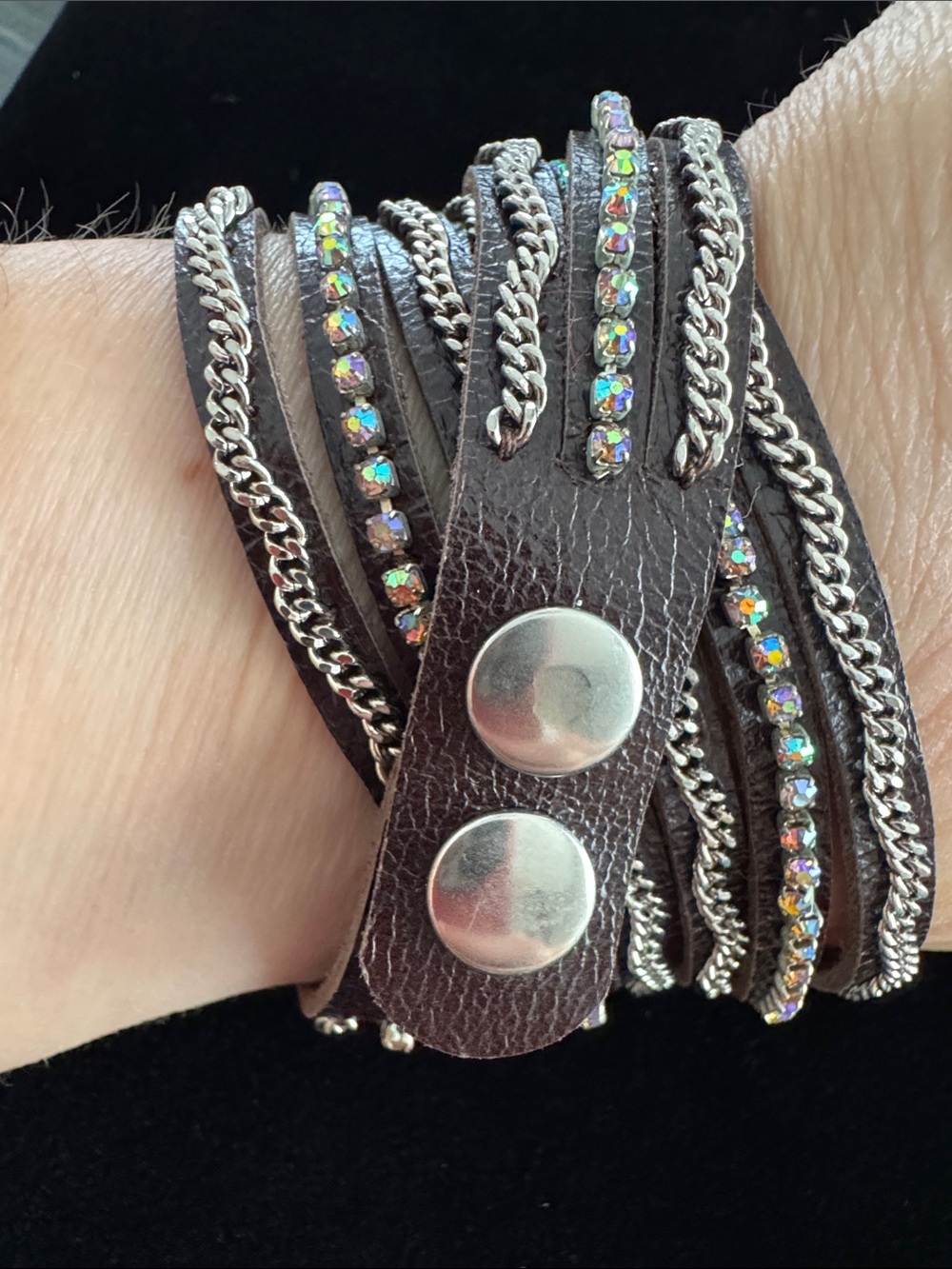 Unbranded Multi-Layer Leather Wrap Bracelet with Chain & Iridescent Crystals - Picture 2 of 6
